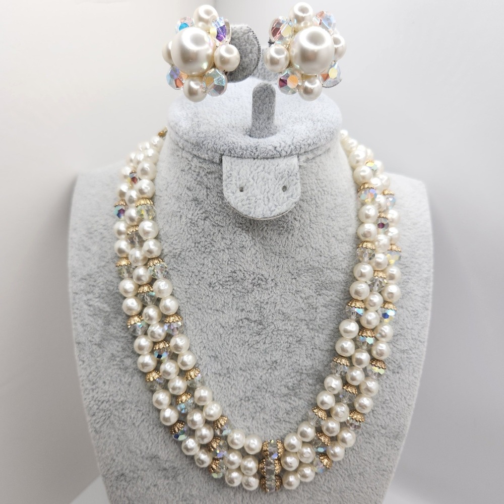 Vintage Triple Strand Faux Pearl AB Crystal Necklace Earring Set Laguna 1950s